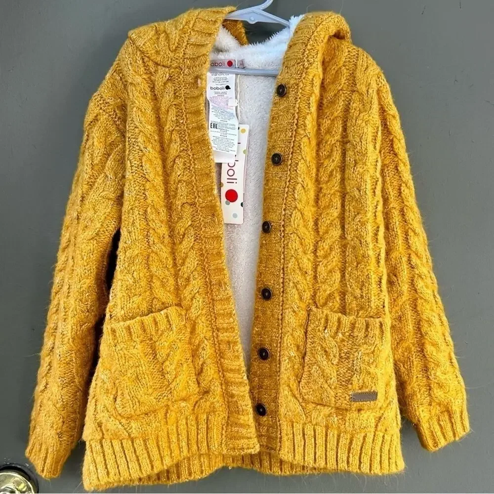 Boboli Kid’s Yellow Cable Knit Button Down Hoodie, Faux Fur Lining Size 8yrs NWT
